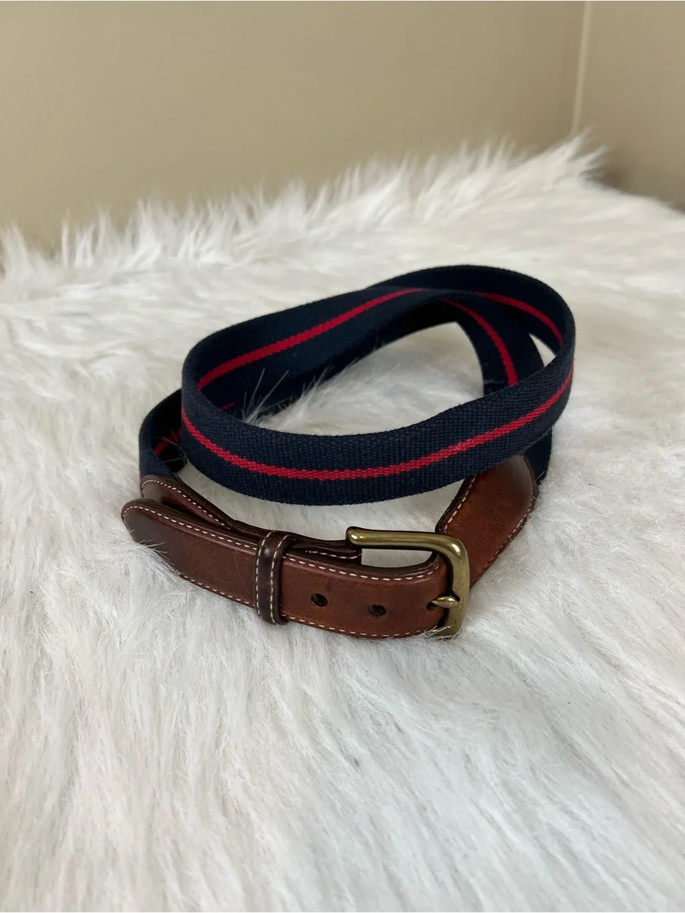 Orvis Surcingle navy and red cotton webbed belt with leather and brass 44